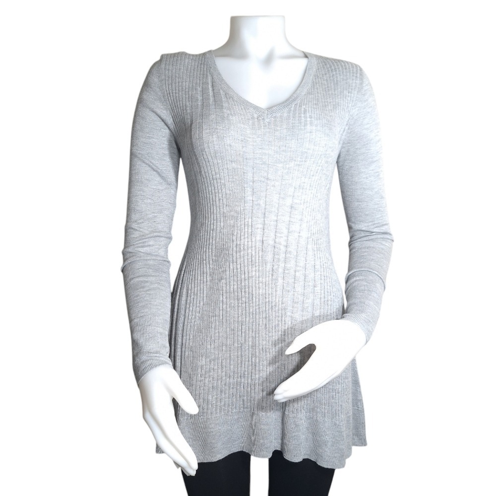 Apt.9 Women's Long V-Neck Blouse/Sweater Rib Knit, Light‎ Gray Size XS